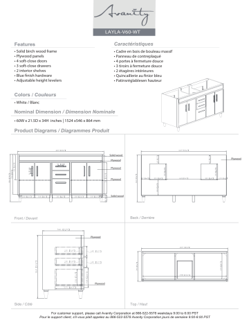 Avanity LAYLA-VS61-WT-A Layla 61 in. W x 22 in. D x 35 in. H Bath Vanity spécification | Fixfr