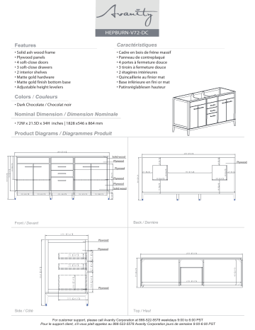 HPBRN-VS73-DC-A | HPBRN-VS73-DC-D | Avanity HPBRN-VS73-DC-C Hepburn 73 in. W x 22 in. D Bath Vanity spécification | Fixfr