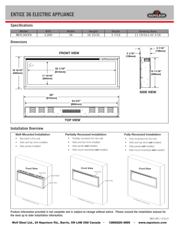 NEFL42CFH | Napoleon NEFL36CFH Entice 36 in. Wall-Mount Electric Fireplace Mode d'emploi | Fixfr