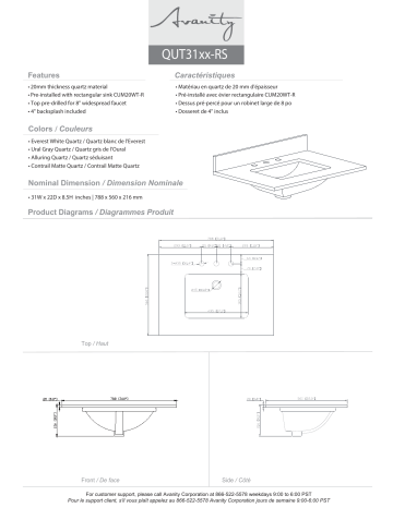 QUT31AL-RS | QUT31UG-RS | QUT31EW-RS | Avanity QUT31CO-RS 31 in. W x 22 in. D Quartz Vanity Top spécification | Fixfr