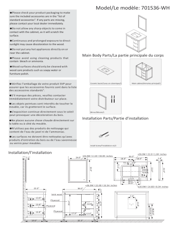 Roswell 801536-WH-ALBN Leiza 36 in. W x 22 in. D x 33.4 in. H Single Sink Bath Vanity Guide d'installation | Fixfr