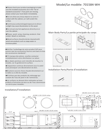 Roswell 801584-WH-ALBN Leiza 84 in. W x 22 in. D x 33.4 in. H Double Sink Bath Vanity Guide d'installation | Fixfr