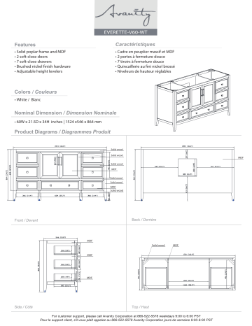 Avanity EVERETTE-VS61-WT-C Everette 61 in. W x 22 in. D x 35 in. H Bath Vanity spécification | Fixfr