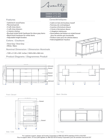 EMMA-VS73-WT-C | Avanity EMMA-VS73-DG-C Emma 73 in. W x 22 in. D x 35 in. H Bath Vanity spécification | Fixfr