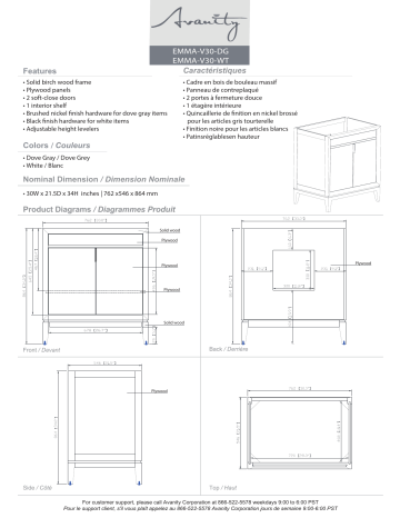 EMMA-VS31-DG-E | EMMA-VS31-DG-C | EMMA-VS31-WT-E | EMMA-VS31-WT-A | Avanity EMMA-VS31-WT-C Emma 31 in. W x 22 in. D x 35 in. H Bath Vanity spécification | Fixfr