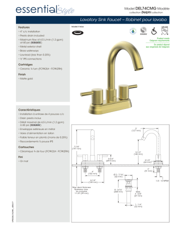Keeney DEL74CMG Belanger 4 in. Centerset 2-Handle Bathroom Faucet spécification | Fixfr