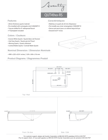 QUT49AL-RS | QUT49EW-RS | Avanity QUT49CO-RS 49 in. W x 22 in. D Quartz Vanity Top spécification | Fixfr