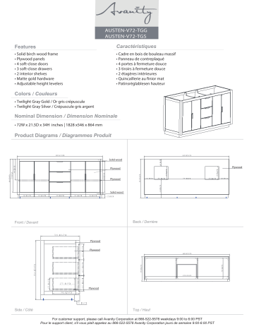 Avanity AUSTEN-V72-TGS Austen 72 in. W x 21.5 in. D x 34 in. H Bath Vanity Cabinet Only spécification | Fixfr