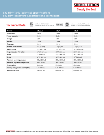 SHC 6 | SHC 2.5 | STIEBEL ELTRON SHC 4 SHC 4 Gal. 6-Year Electric Point-of-Use Mini-Tank Water Heater spécification | Fixfr