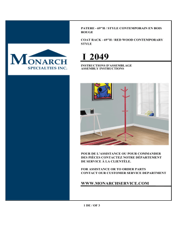 Monarch Specialties I 2049 Red 8-Hook Coat Rack Mode d'emploi | Fixfr