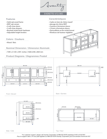 Avanity EVERETTE-VS73-WD-C Everette 73 in. W x 22 in. D x 35 in. H Bath Vanity spécification | Fixfr