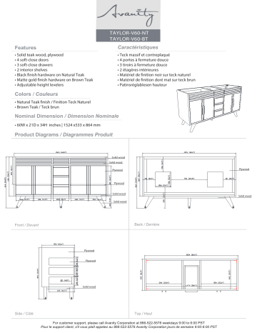 Avanity TAYLOR-V60-NT Taylor 60 in. W x 21 in. D Bath Vanity Cabinet Only spécification | Fixfr