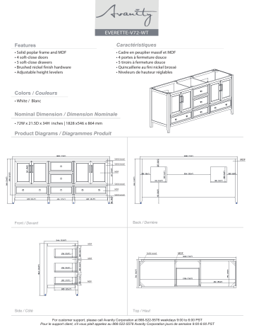 Avanity EVERETTE-VS73-WT-C Everette 73 in. W x 22 in. D x 35 in. H Bath Vanity spécification | Fixfr