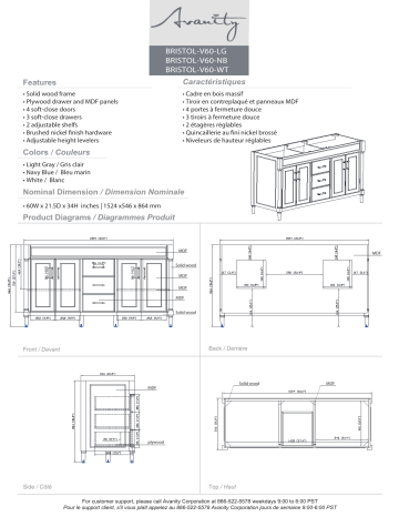 BRISTOL-VS61-LG-C | BRISTOL-VS61-WT-C | Avanity BRISTOL-VS61-NB-C Bristol 61 in. W x 22 in. D x 35 in. H Bath Vanity spécification | Fixfr