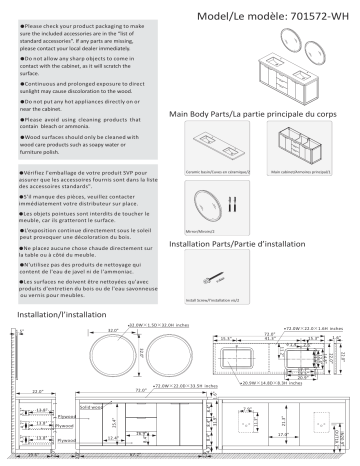 Roswell 801572-WH-ALB Leiza 72 in. W x 22 in. D x 33.4 in. H Double Sink Bath Vanity Guide d'installation | Fixfr