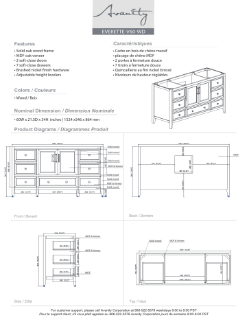 Avanity EVERETTE-VS61-WD-C Everette 61 in. W x 22 in. D x 35 in. H Bath Vanity spécification | Fixfr