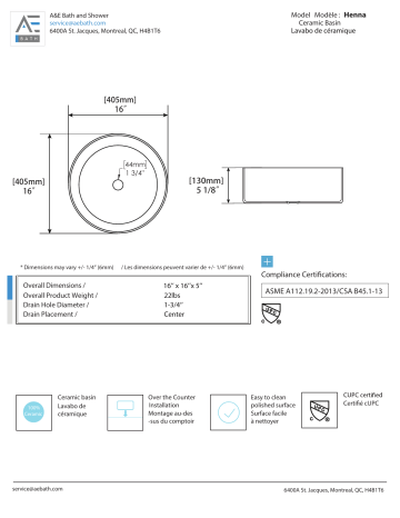 A&E Henna Henna Modern Matte-Black Ceramic Round Vessel Sink spécification | Fixfr