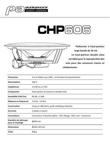 audiophony CHP606 100V ceiling speaker Mode d'emploi | Fixfr