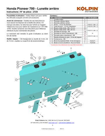 Kolpin 2724 UTV Windshield - Rear Panel - Honda® Pioneer® 700 2-Pass/4-Pass Manuel du propriétaire | Fixfr