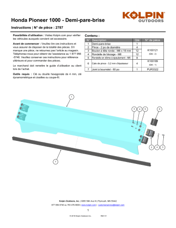 Kolpin 2787 UTV Windshield - Half-Fixed - Honda® Pioneer® 1000 2-Pass/5-Pass Manuel du propriétaire | Fixfr