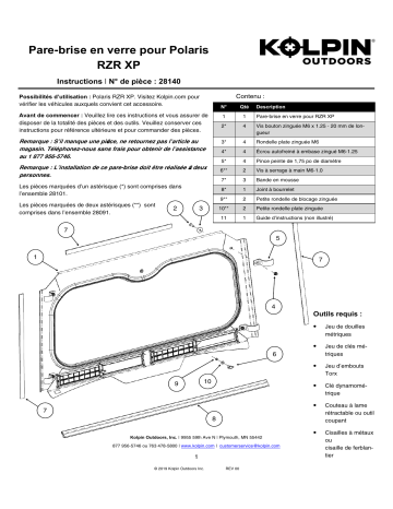 Kolpin 28140 Glass Windshield - Polaris RZR XP Manuel du propriétaire | Fixfr