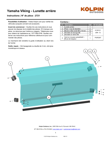 Kolpin 2721 UTV Windshield - Rear Panel - Yamaha® Viking™ Manuel du propriétaire | Fixfr