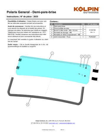 Kolpin 2635 UTV Windshield - Half-Fixed - Polaris General Manuel du propriétaire | Fixfr