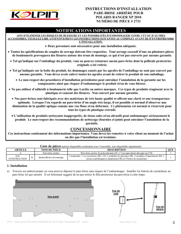 Kolpin 2731 UTV Windshield - Rear Panel - Polaris Ranger Manuel du propriétaire | Fixfr