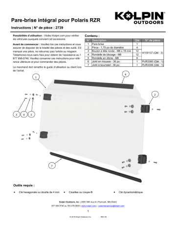 Kolpin 2739 UTV Windshield - Full-Fixed - Polaris RZR 900/XP900/1000/XP1000 Manuel du propriétaire | Fixfr