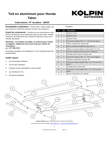 Kolpin 29230 Honda Talon Aluminum Roof Manuel du propriétaire | Fixfr