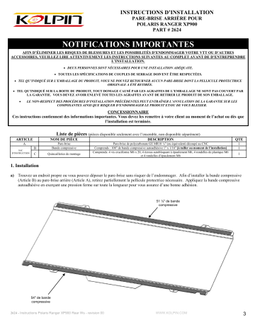 Kolpin 2624 UTV Windshield - Rear Panel - Polaris Ranger (Profile Tubing) Manuel du propriétaire | Fixfr