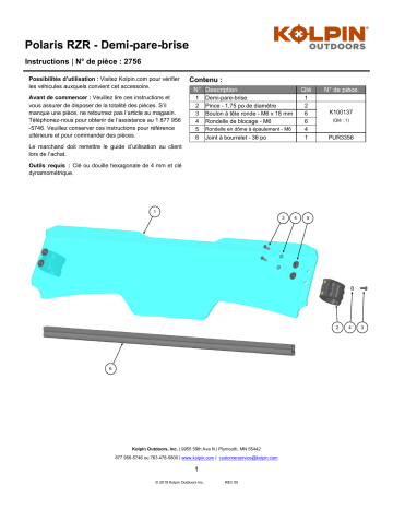 Kolpin 2756 UTV Windshield - Half-Fixed - Polaris RZR XP and RZR Trail Manuel du propriétaire | Fixfr