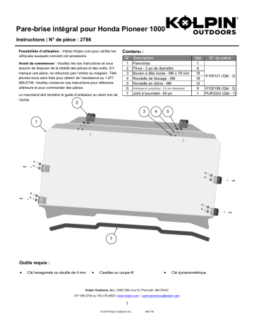 Kolpin 2786 UTV Windshield - Full-Fixed - Honda® Pioneer® 1000 2-Pass/5-Pass Manuel du propriétaire | Fixfr