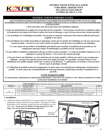 Kolpin 2730 UTV Windshield - Rear Panel - Polaris Ranger 500/700 Manuel du propriétaire | Fixfr