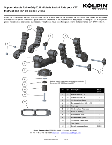 Kolpin 21553 Rhino Grip® XLr Double - Polaris Lock & Ride® Sportsman and RZR Manuel du propriétaire | Fixfr