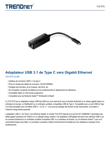 Trendnet TUC-ETG USB 3.1 Type-C to Gigabit Ethernet Adapter Fiche technique | Fixfr