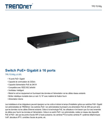 Trendnet TPE-TG160g 16-Port Gigabit PoE+ Switch Fiche technique | Fixfr