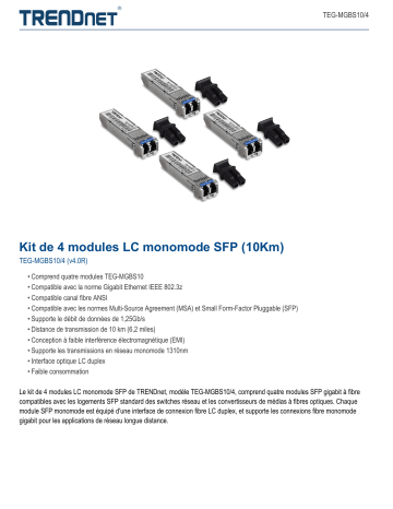 Trendnet TEG-MGBS10/4 4-Pack SFP Single Mode LC Module (10Km) Fiche technique | Fixfr