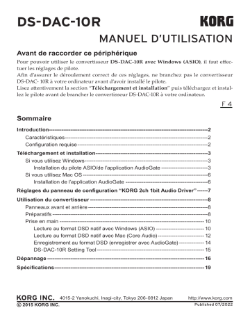 Korg DS-DAC-10R Manuel du propriétaire | Fixfr