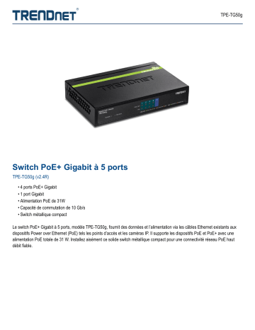 Trendnet TPE-TG50g 5-Port Gigabit PoE+ Switch Fiche technique | Fixfr