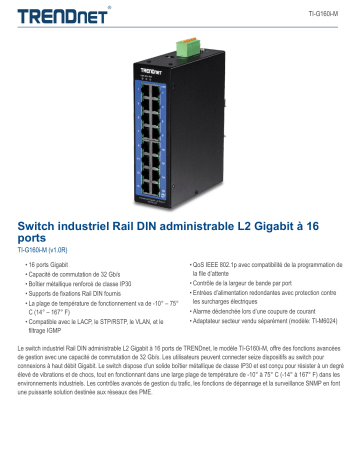 Trendnet TI-G160i-M 16-Port Industrial Gigabit L2 Managed DIN-Rail Switch Fiche technique | Fixfr