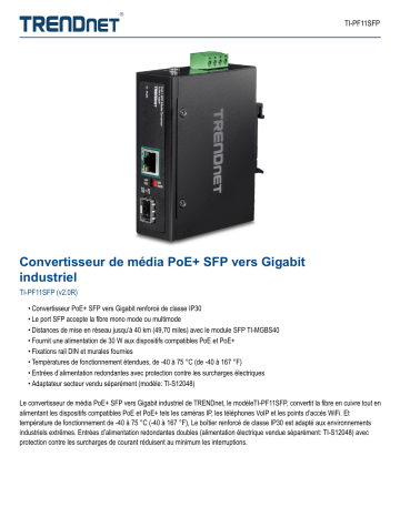 Trendnet TI-PF11SFP Industrial SFP to Gigabit PoE+ Media Converter Fiche technique | Fixfr