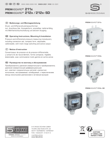 S+S Regeltechnik PREMASGARD 2111 Pressure, differential pressure and volume flow measuring transducers Mode d'emploi | Fixfr