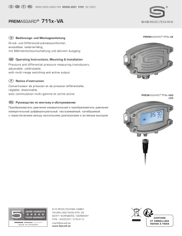 S+S Regeltechnik PREMASGARD 7111-U VAQ Pressure and differential pressure measuring transducers Mode d'emploi | Fixfr