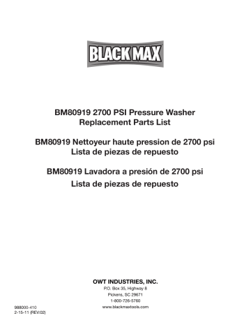 Black Max bm80919 2700 PSI Pressure Washer Manuel du propriétaire | Fixfr