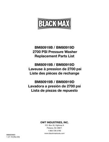 bm80919b | Black Max bm80919d 2700 PSI Pressure Washer Manuel du propriétaire | Fixfr