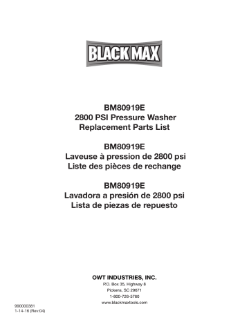 Black Max bm80919e 2800 PSI Pressure Washer Manuel du propriétaire | Fixfr