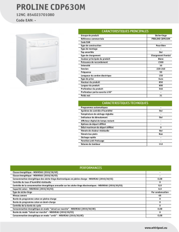 Proline PROLINE CDP630M Dryer Manuel utilisateur | Fixfr