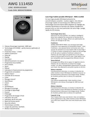 Whirlpool AWG 1114SD Washing machine Manuel utilisateur | Fixfr