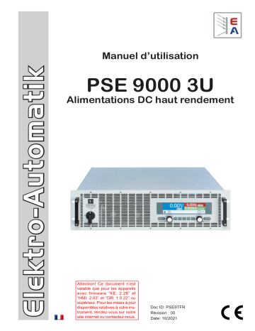 EA-PSE 9500-90 3U | EA-PSE 9360-120 3U | EA-PSE 9200-210 3U | EA-PSE 9080-510 3U | EA-PSE 9750-20 3U | EA-PSE 9500-30 3U | EA-PSE 9360-40 3U | EA-PSE 9750-60 3U | EA-PSE 9360-80 3U | EA-PSE 9200-140 3U | Elektro-Automatik EA-PSE 9200-70 3U DC Laboratory Power Supply Manuel du propriétaire | Fixfr